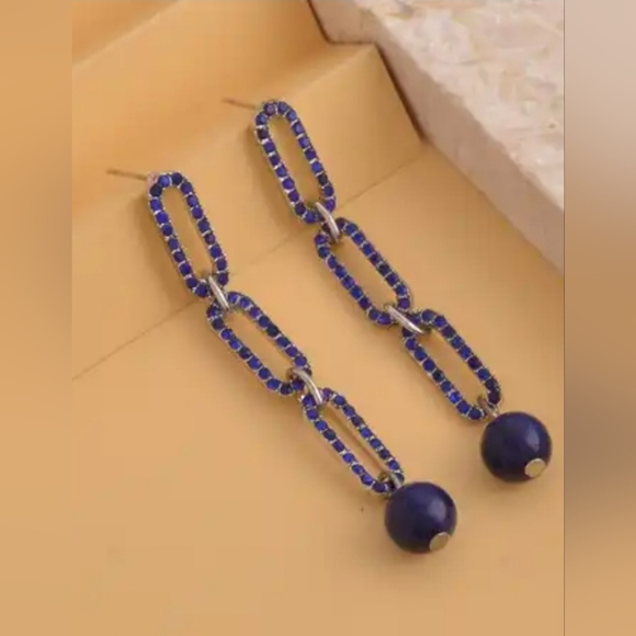 Lapis Lazuli and Austrian Crystal Paper Clip Earrings in Silvertone 6.00 ct - Picture 3 of 9